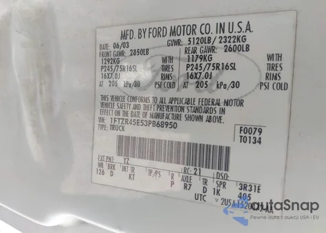 2003 Ford Ranger Edge/Xlt z USA, uszkodzony, nr VIN 1FTZR45E53PB68950